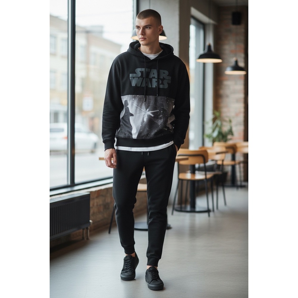 Star Wars Mens Hoodie Black Darth Vader Luke Skywalker Duel Graphic Sweatshirt L
